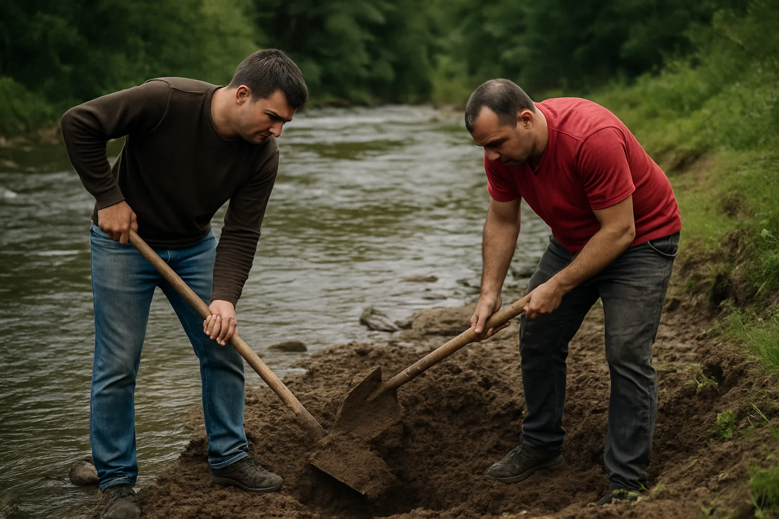Doi bărbați, prinși la excavat ilegal în râul Gilort, Novaci