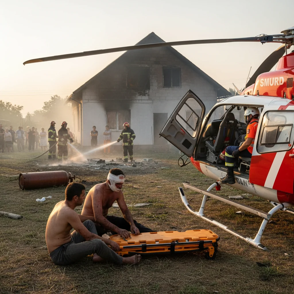 Doi bărbați răniți într-un incendiu la o butelie în Vâlcea, unul transferat la SJU Craiova cu elicopterul SMURD