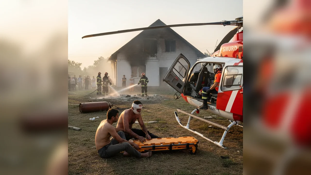 Doi bărbați răniți într-un incendiu la o butelie în Vâlcea, unul transferat la SJU Craiova cu elicopterul SMURD