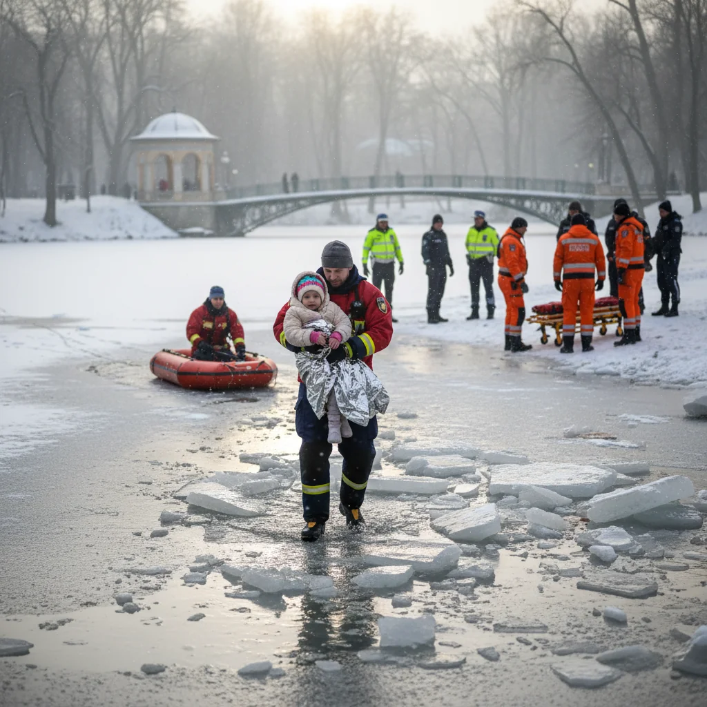Fetiță de 5 ani, scoasă din lacul înghețat de un bărbat nepalez în Parcul Nicolae Romanescu din Craiova