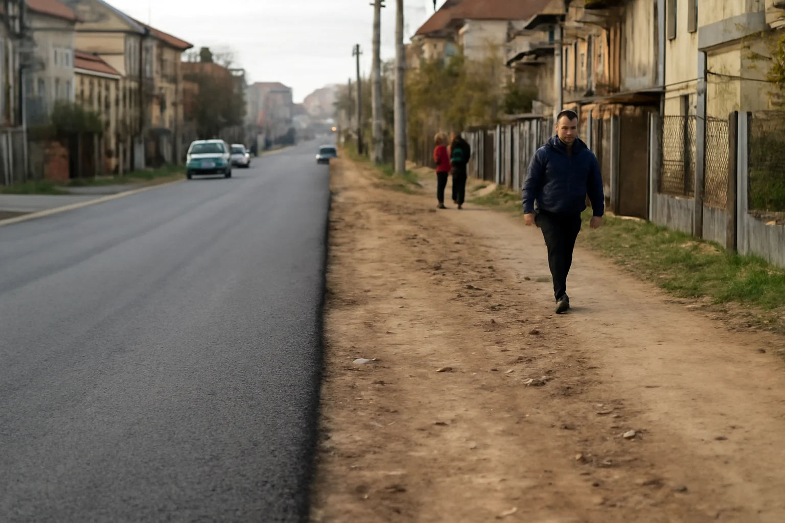 stradă împărțită între asfalt și pământ
